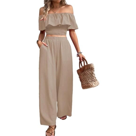 Women's 2 Piece Off Shoulder Ruffle Top Wide Leg Pants Set Casual Outfit